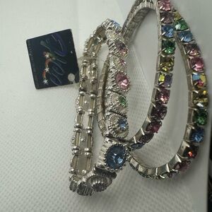 Multicolor Silver Tone Stretchy Crystal Bangles Set of 3 NWT